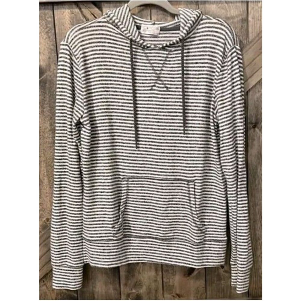 Womens Striped Hoodie Pullover Small Gray White Soft Knit Lightweight Hooded Top